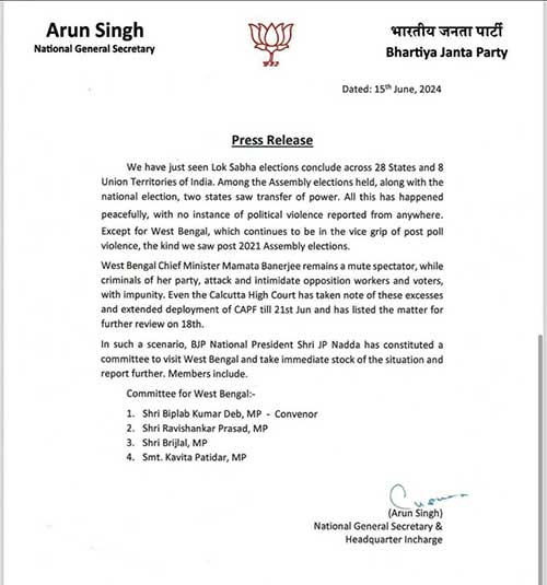 BJP constitutes 4 members’ committee of MPs to check alleged post poll violence in West Bengal