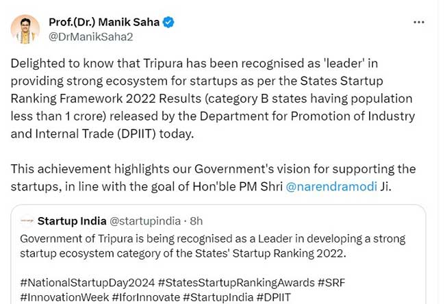 Tripura recognised as 'leader' in providing strong ecosystem for startups