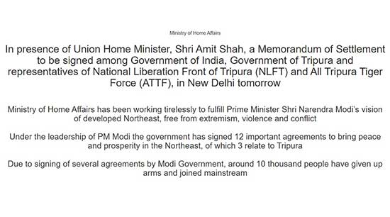 MHA to sign peace accord with 2 Tripura insurgent groups in presence of Union HM Amit Shah, CM Dr Manik Saha