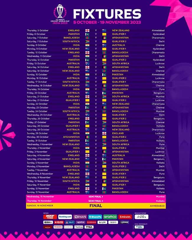 Match schedule announced for Cricket World Cup, India vs Pakistan on Oct 15