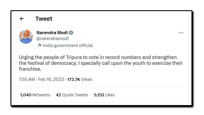 Tripura polls: PM Modi urges people to cast votes in record numbers