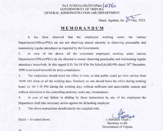 Tripura govt to take action if employees are not punctual